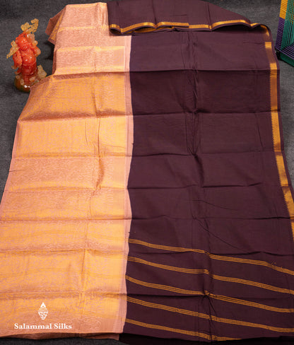Beautiful Dark Brown Plain Sungudi Cotton Saree With Contrast Light Chocolate Long Border