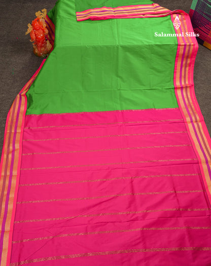 10.5 Yards Semi Silk Saree Green With Contrast Pink Traditional Border
