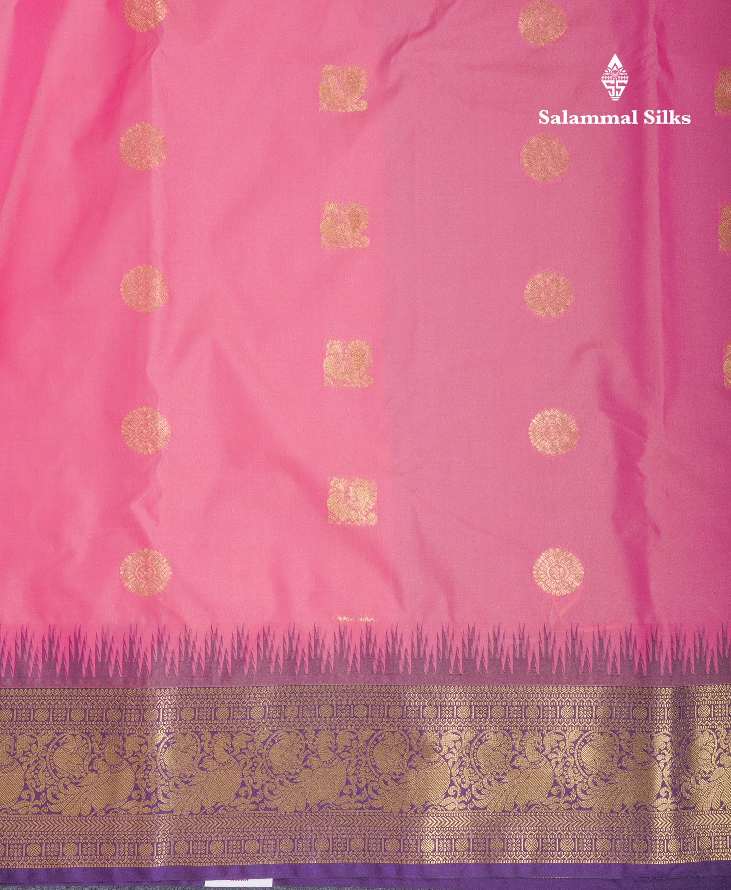 Light Pink Semi Silk Saree With Contrast Dark Purple Traditional Temple Border