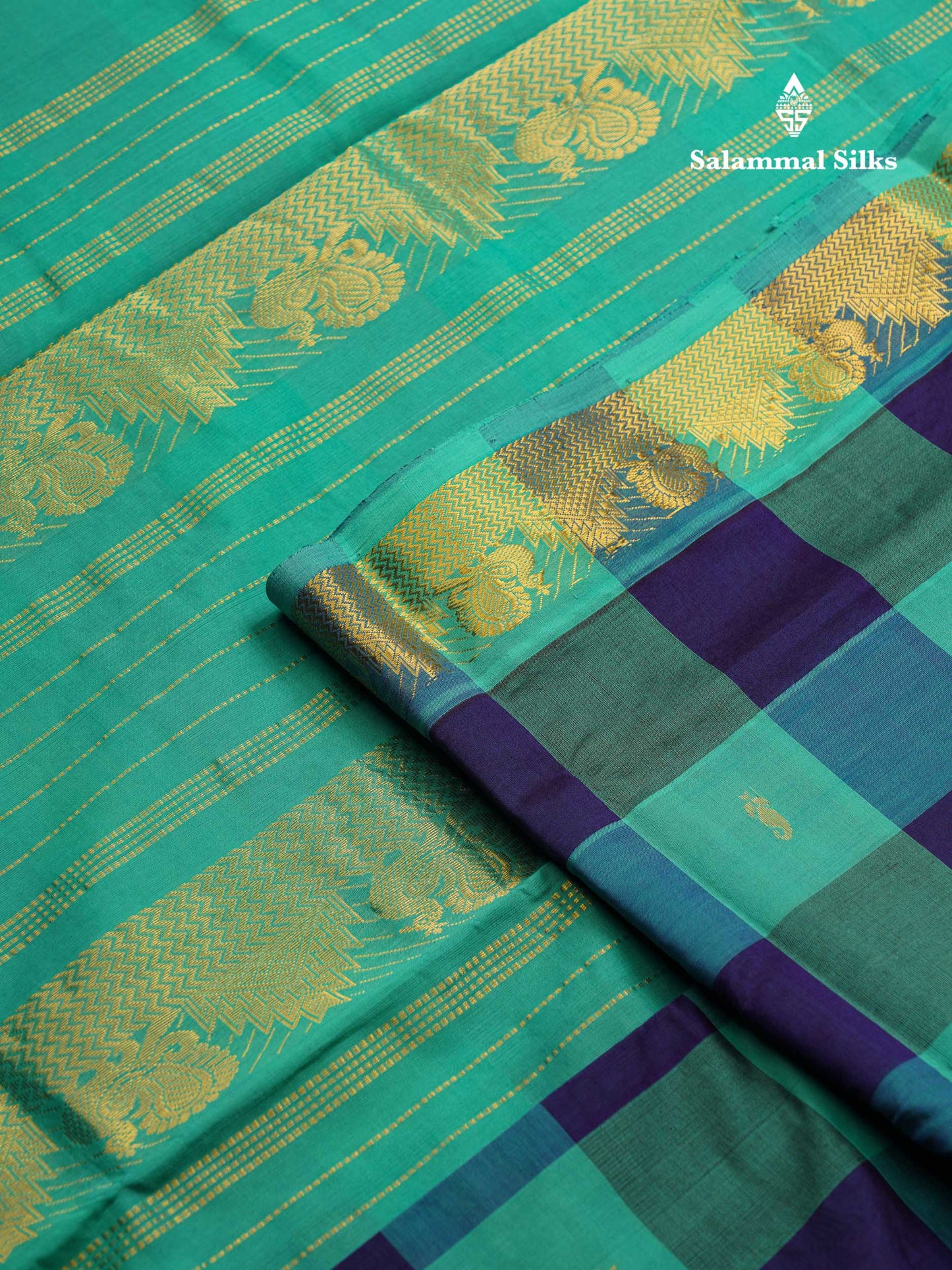Beautiful Paalum Pazham Checks Semi Silk Cotton Saree With Contrast Sapphire Green Blouse