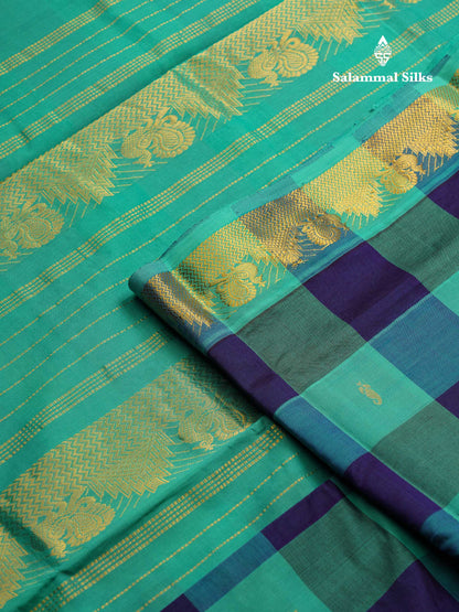 Beautiful Paalum Pazham Checks Semi Silk Cotton Saree With Contrast Sapphire Green Blouse