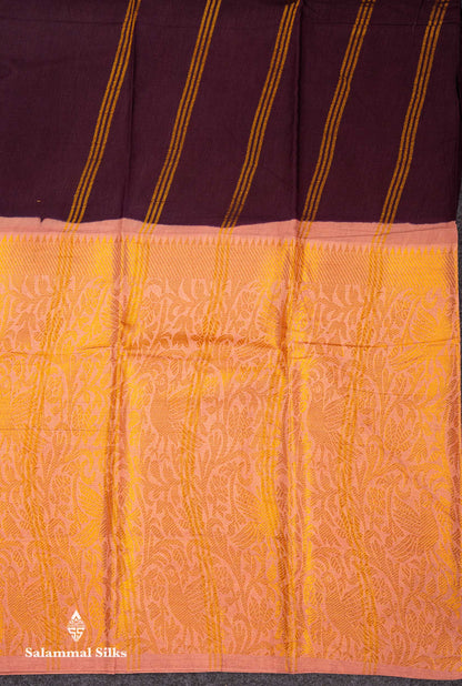 Beautiful Dark Brown Plain Sungudi Cotton Saree With Contrast Light Chocolate Long Border