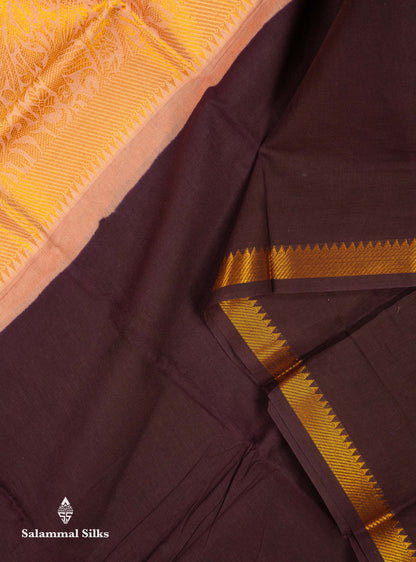 Beautiful Dark Brown Plain Sungudi Cotton Saree With Contrast Light Chocolate Long Border