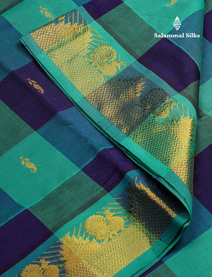 Beautiful Paalum Pazham Checks Semi Silk Cotton Saree With Contrast Sapphire Green Blouse