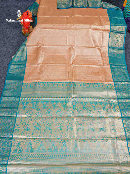 Bridal Semi Silk Saree -  Light Peach Colour Body With Contrast Sapphire Blue Traditional Border