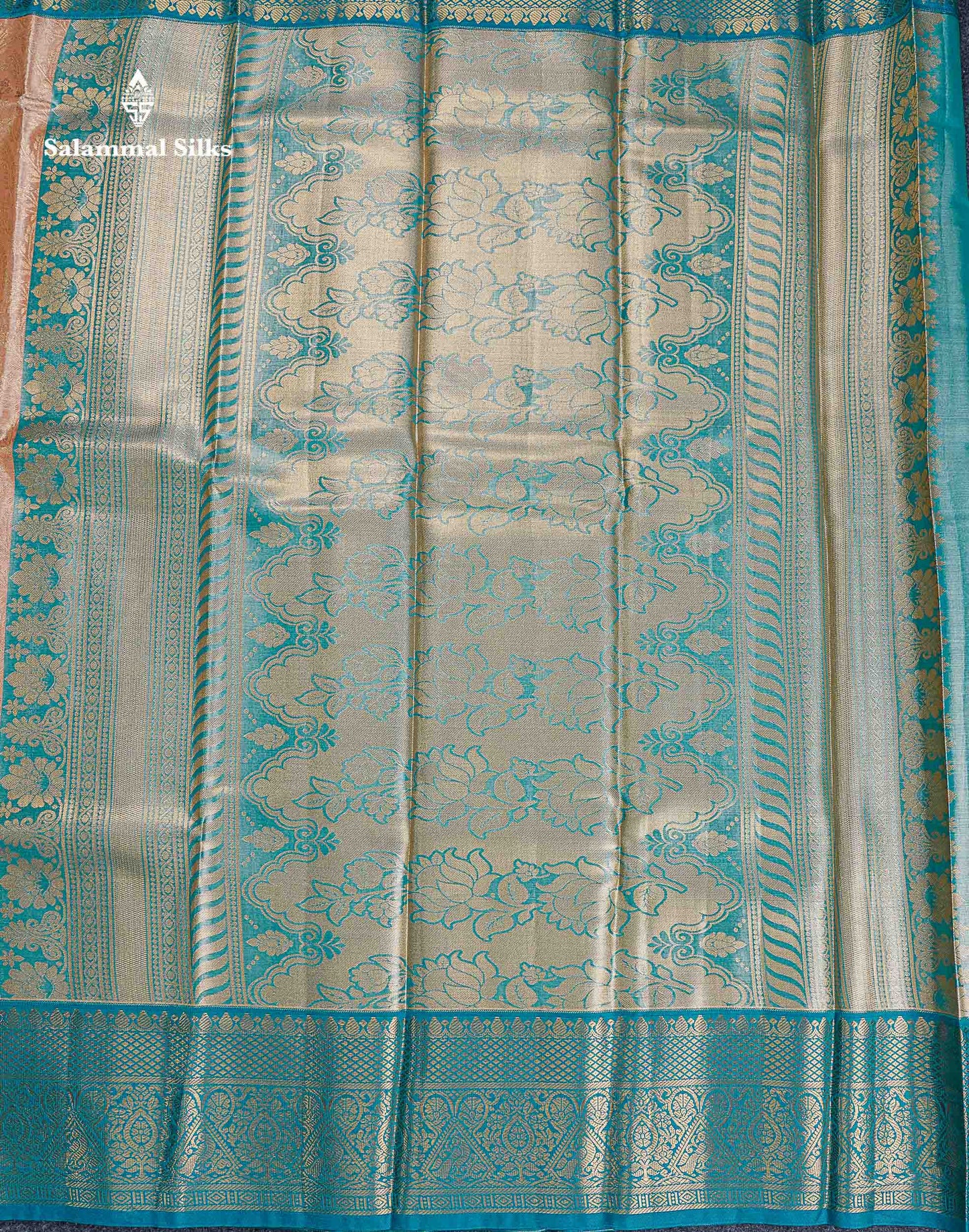 Bridal Semi Silk Saree -  Light Peach Colour Body With Contrast Sapphire Blue Traditional Border