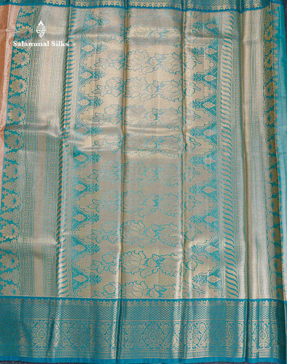 Bridal Semi Silk Saree -  Light Peach Colour Body With Contrast Sapphire Blue Traditional Border