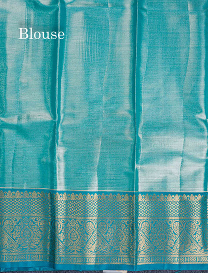 Bridal Semi Silk Saree -  Light Peach Colour Body With Contrast Sapphire Blue Traditional Border