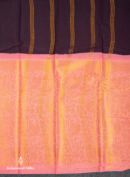Beautiful Dark Brown Plain Sungudi Cotton Saree With Contrast Light Chocolate Long Border