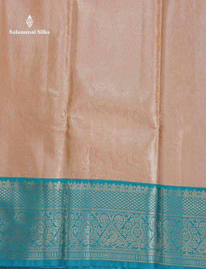 Bridal Semi Silk Saree -  Light Peach Colour Body With Contrast Sapphire Blue Traditional Border