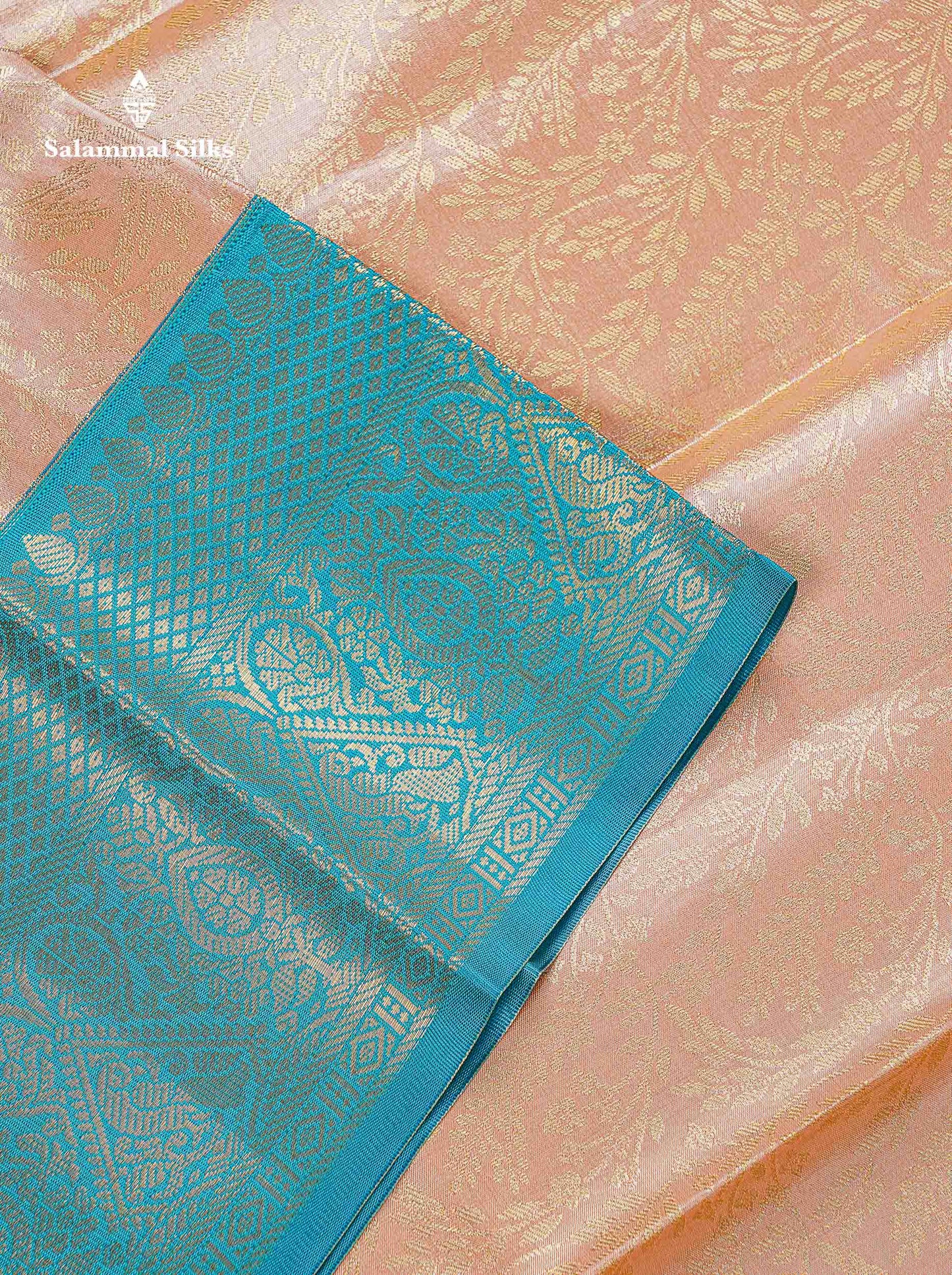 Bridal Semi Silk Saree -  Light Peach Colour Body With Contrast Sapphire Blue Traditional Border