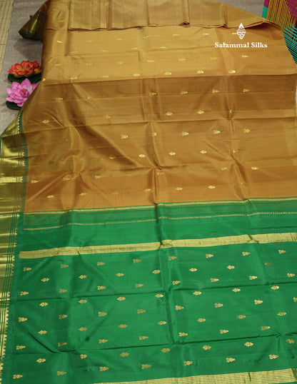 Olive Green Pure Kanjivaram Silk Saree With One Side Contrast Bottle Green Border