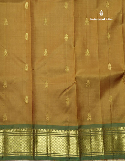 Olive Green Pure Kanjivaram Silk Saree With One Side Contrast Bottle Green Border