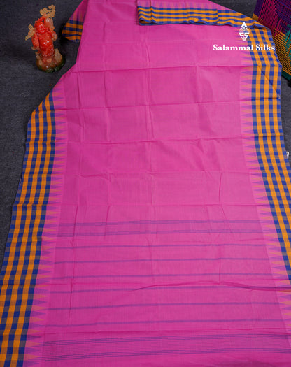 Beautiful Pink Plain Pure Cotton Saree With Traditional Paalum Pazham Checks Border