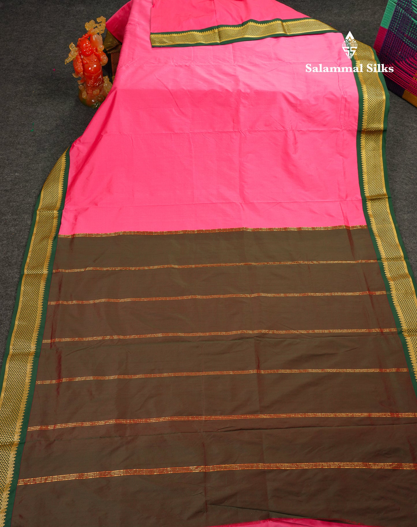 9 Yards Semi Silk Saree Peacock Green With Contrast Pink Traditional Border