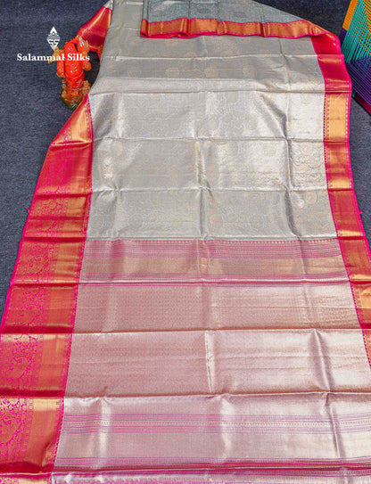 Bridal Tissue Semi Silk Saree - Light Grey Colour Body With Pink Traditional Evening Morning Border 