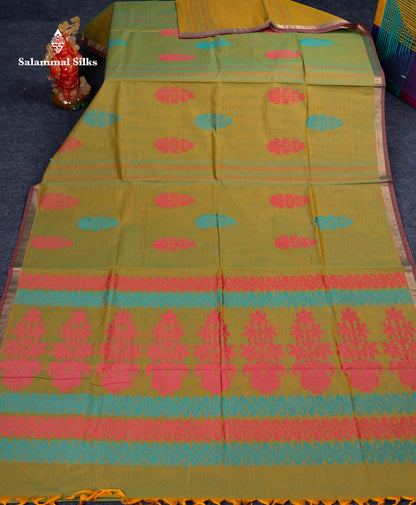Beautiful Manthulir Green Thread Buttas Pure Cotton Saree With Blouse