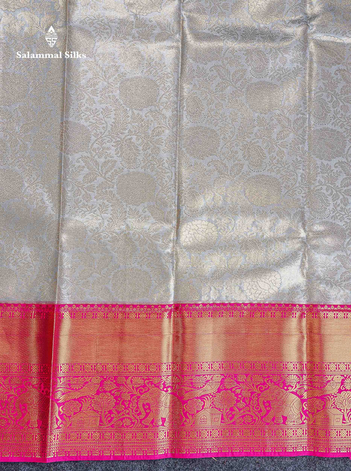 Bridal Tissue Semi Silk Saree - Light Grey Colour Body With Pink Traditional Evening Morning Border
