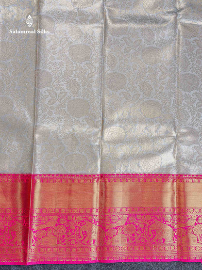 Bridal Tissue Semi Silk Saree - Light Grey Colour Body With Pink Traditional Evening Morning Border