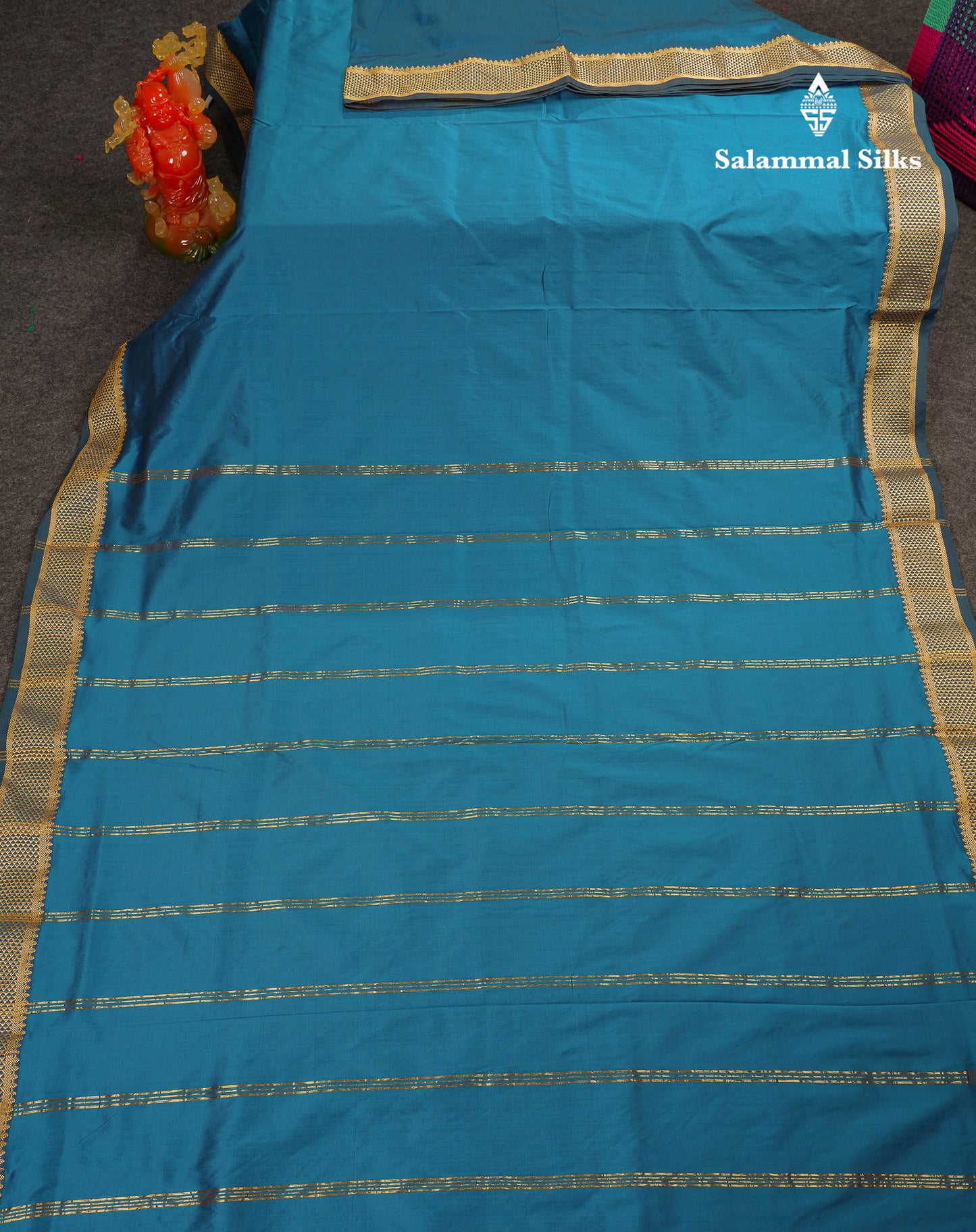 10.5 Yards Semi Silk Saree Peacock Blue Plain With Traditional Border
