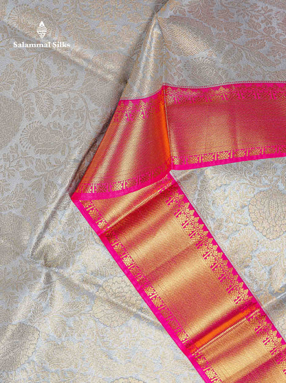 Bridal Tissue Semi Silk Saree - Light Grey Colour Body With Pink Traditional Evening Morning Border