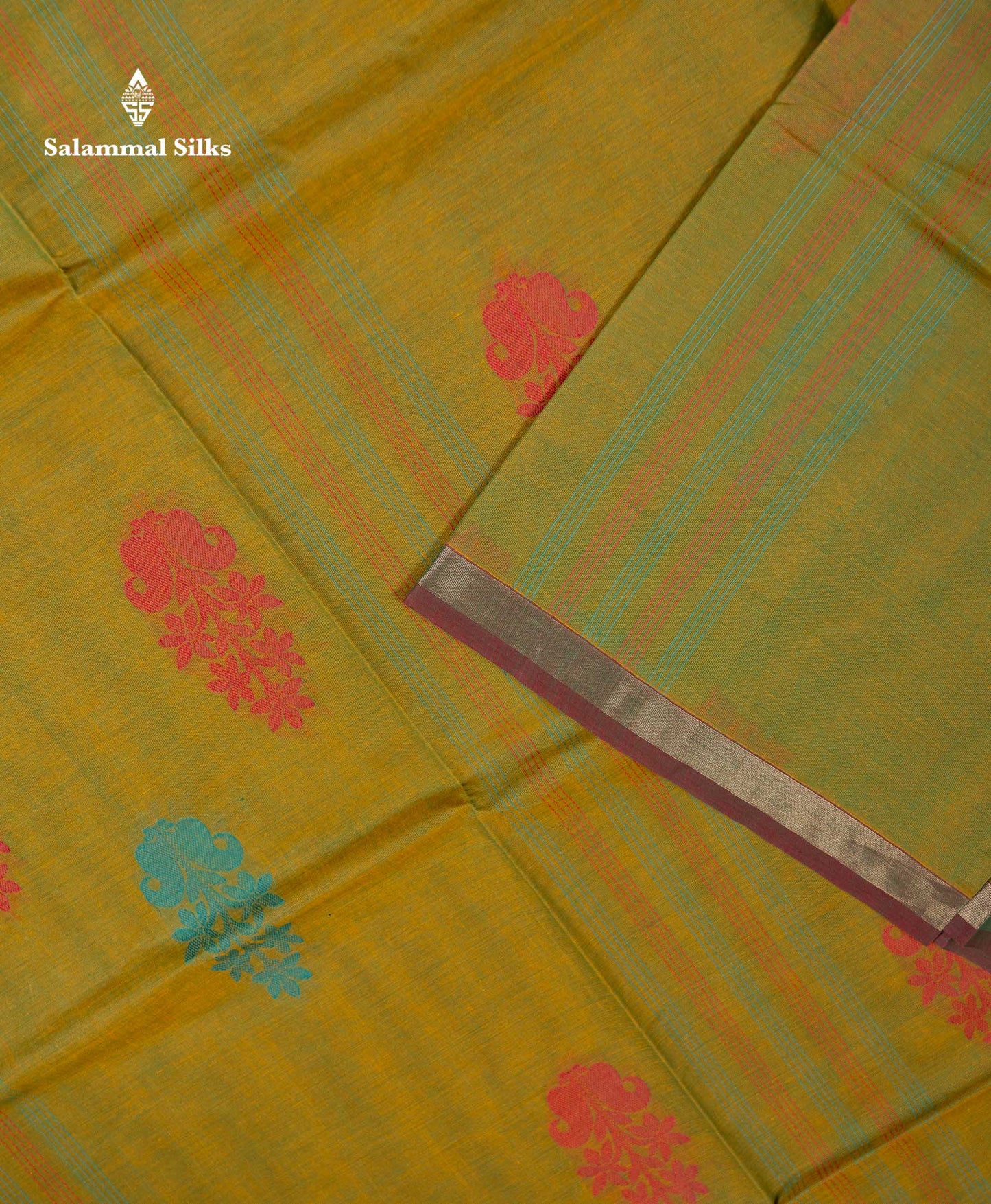 Beautiful Manthulir Green Thread Buttas Pure Cotton Saree With Blouse
