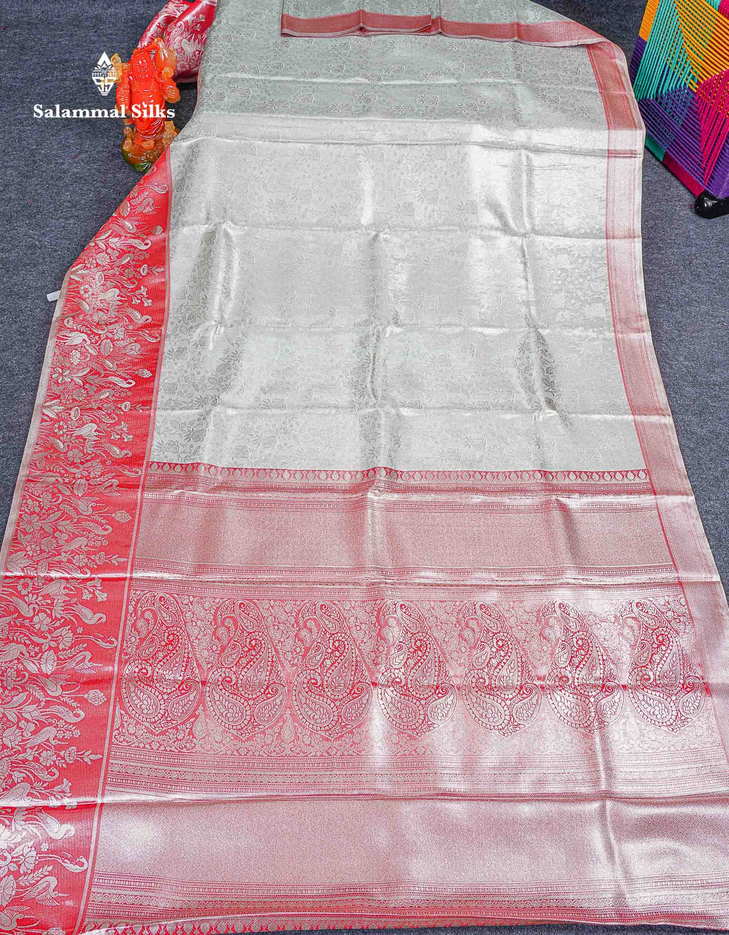Bridal Tissue Semi Silk Saree - Silver Colour Body With Tomato Red Fancy Evening Morning Border