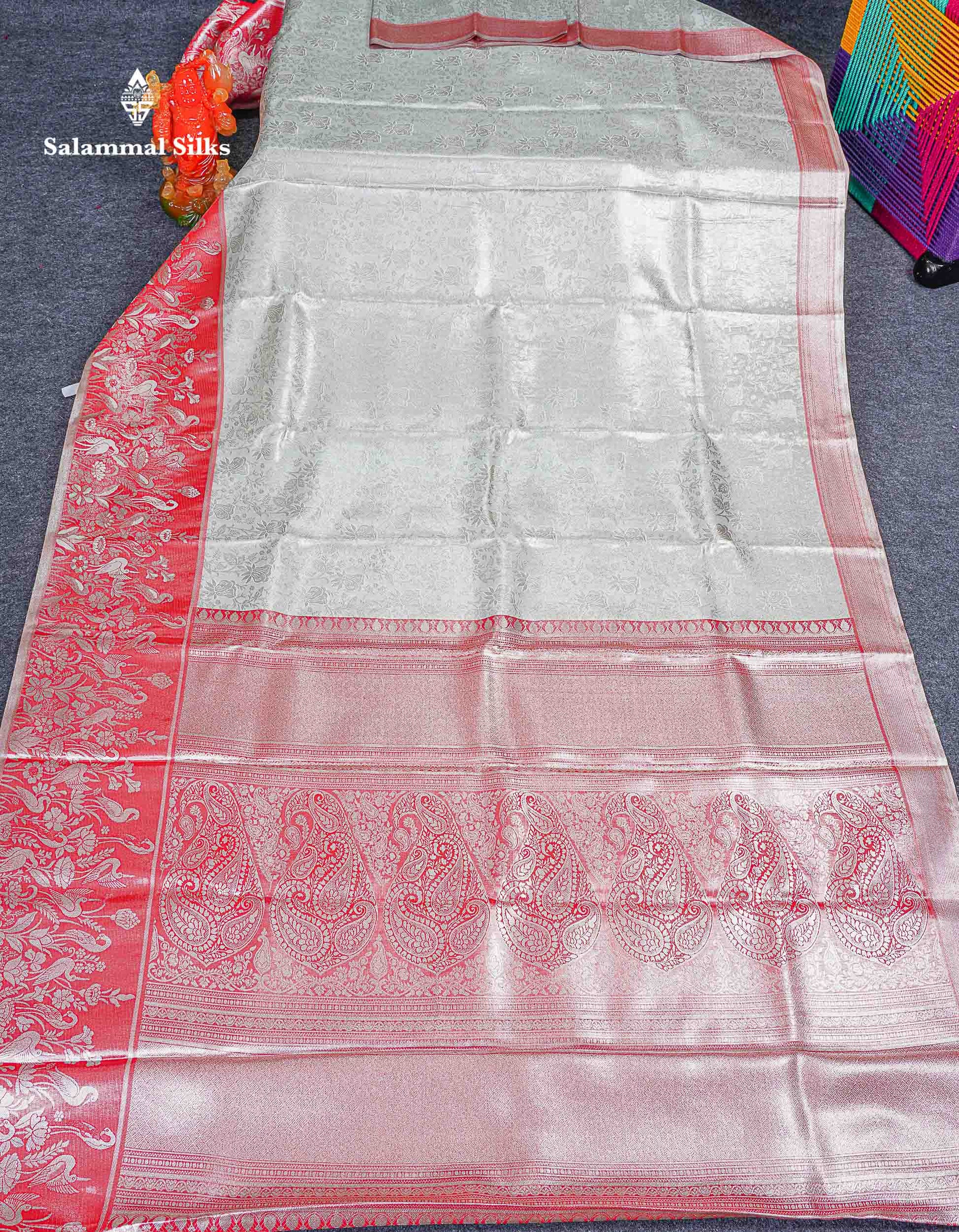 Bridal Tissue Semi Silk Saree - Silver Colour Body With Tomato Red Fancy Evening Morning Border