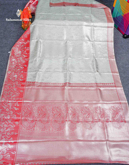 Bridal Tissue Semi Silk Saree - Silver Colour Body With Tomato Red Fancy Evening Morning Border