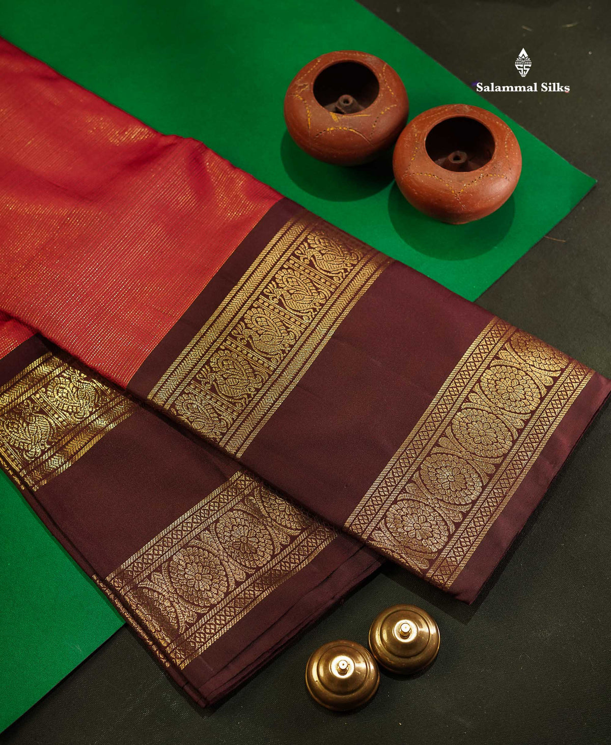 Pinkish Maroon Vairaoosi Lines Pure Kanjivaram Silk Saree With Contrast Dark Brown Traditional Rettapet Border