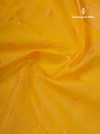 Beautiful Peach Tiny Zari Checks Kota Cotton Saree With Contrast Grey Border
