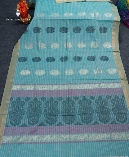 Beautiful Light Blue Thread Butta Pure Cotton Saree With Contrast Green Shade Border