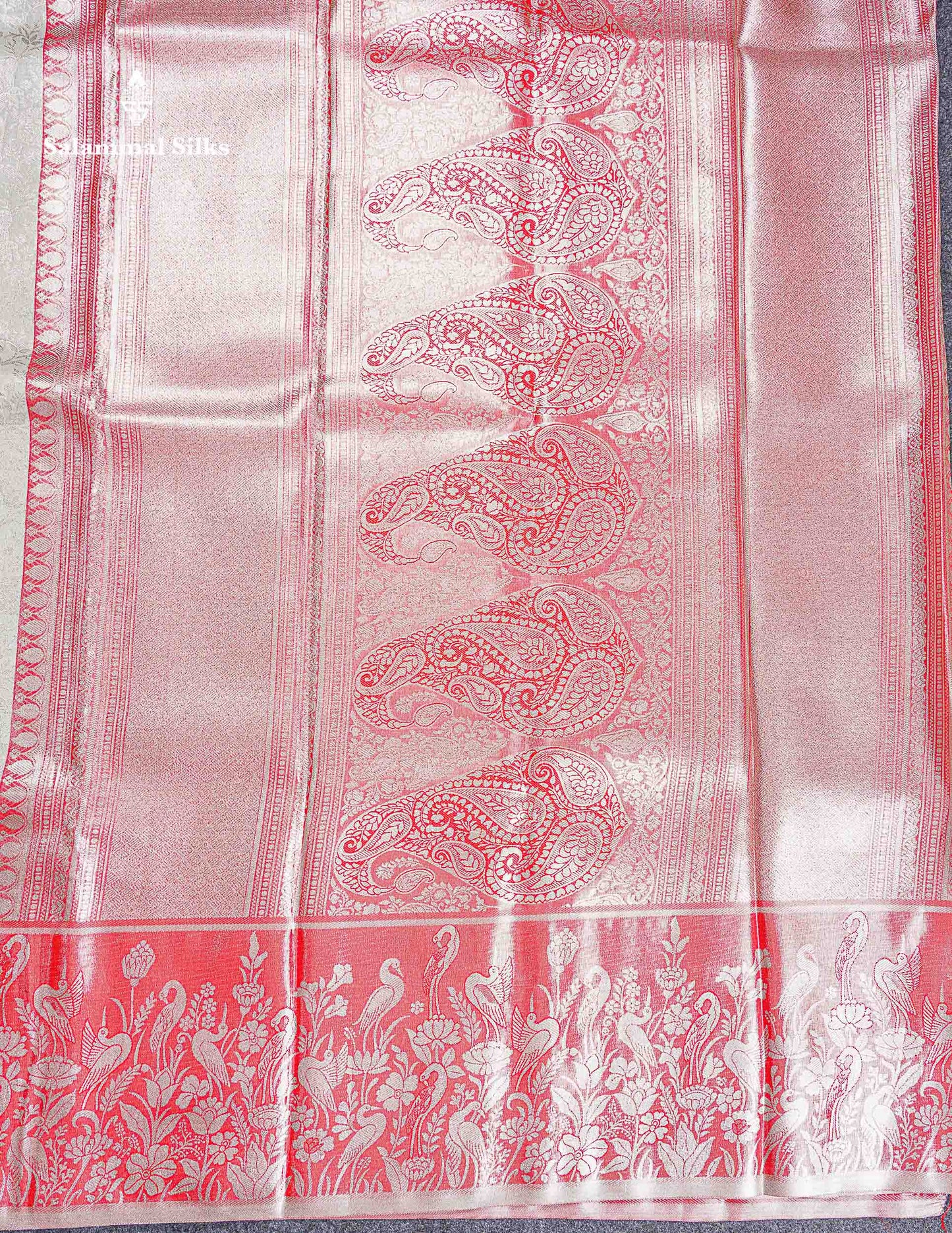 Bridal Tissue Semi Silk Saree - Silver Colour Body With Tomato Red Fancy Evening Morning Border