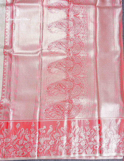 Bridal Tissue Semi Silk Saree - Silver Colour Body With Tomato Red Fancy Evening Morning Border