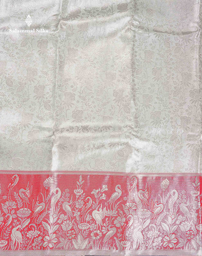 Bridal Tissue Semi Silk Saree - Silver Colour Body With Tomato Red Fancy Evening Morning Border