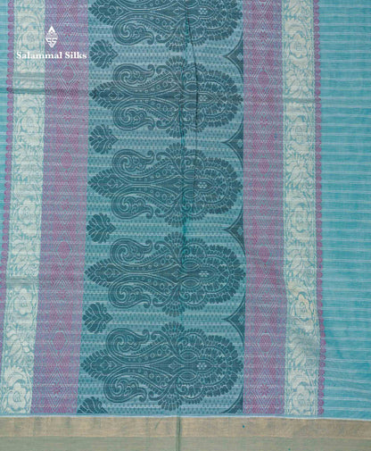 Beautiful Light Blue Thread Butta Pure Cotton Saree With Contrast Green Shade Border