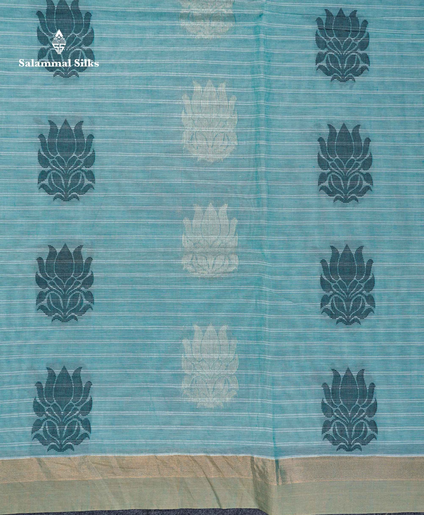 Beautiful Light Blue Thread Butta Pure Cotton Saree With Contrast Green Shade Border