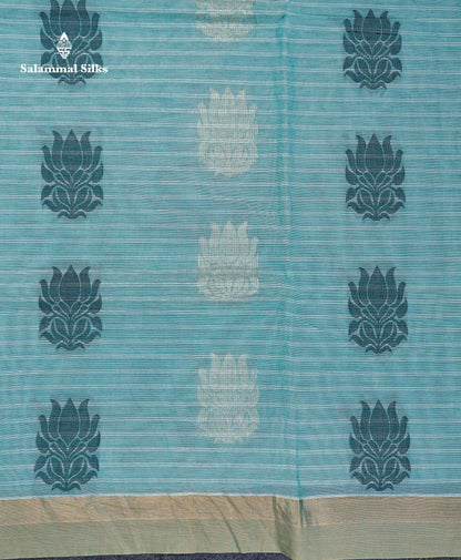 Beautiful Light Blue Thread Butta Pure Cotton Saree With Contrast Green Shade Border