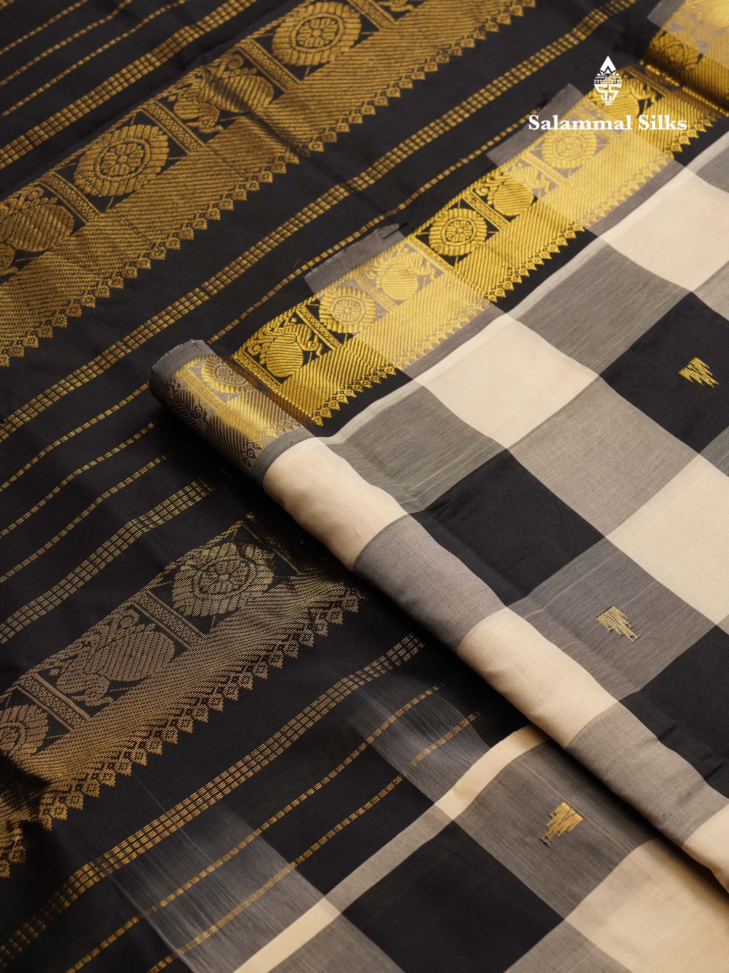 Beautiful Paalum Pazham Checks Semi Silk Cotton Saree With Contrast Black Blouse