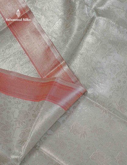 Bridal Tissue Semi Silk Saree - Silver Colour Body With Tomato Red Fancy Evening Morning Border