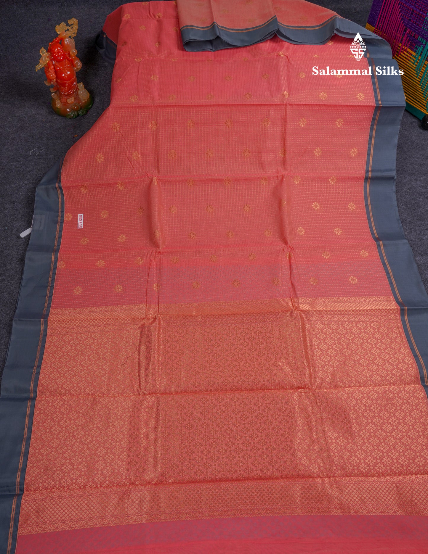 Beautiful Peach Tiny Zari Checks Kota Cotton Saree With Contrast Grey Border