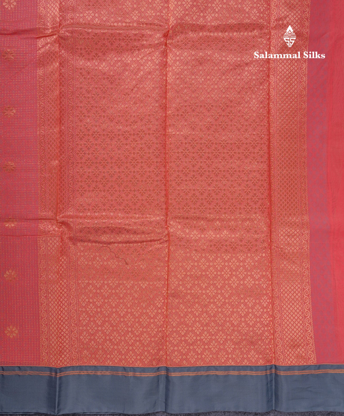 Beautiful Peach Tiny Zari Checks Kota Cotton Saree With Contrast Grey Border
