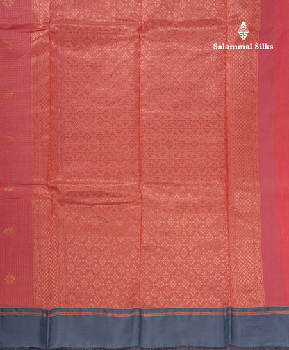 Beautiful Peach Tiny Zari Checks Kota Cotton Saree With Contrast Grey Border
