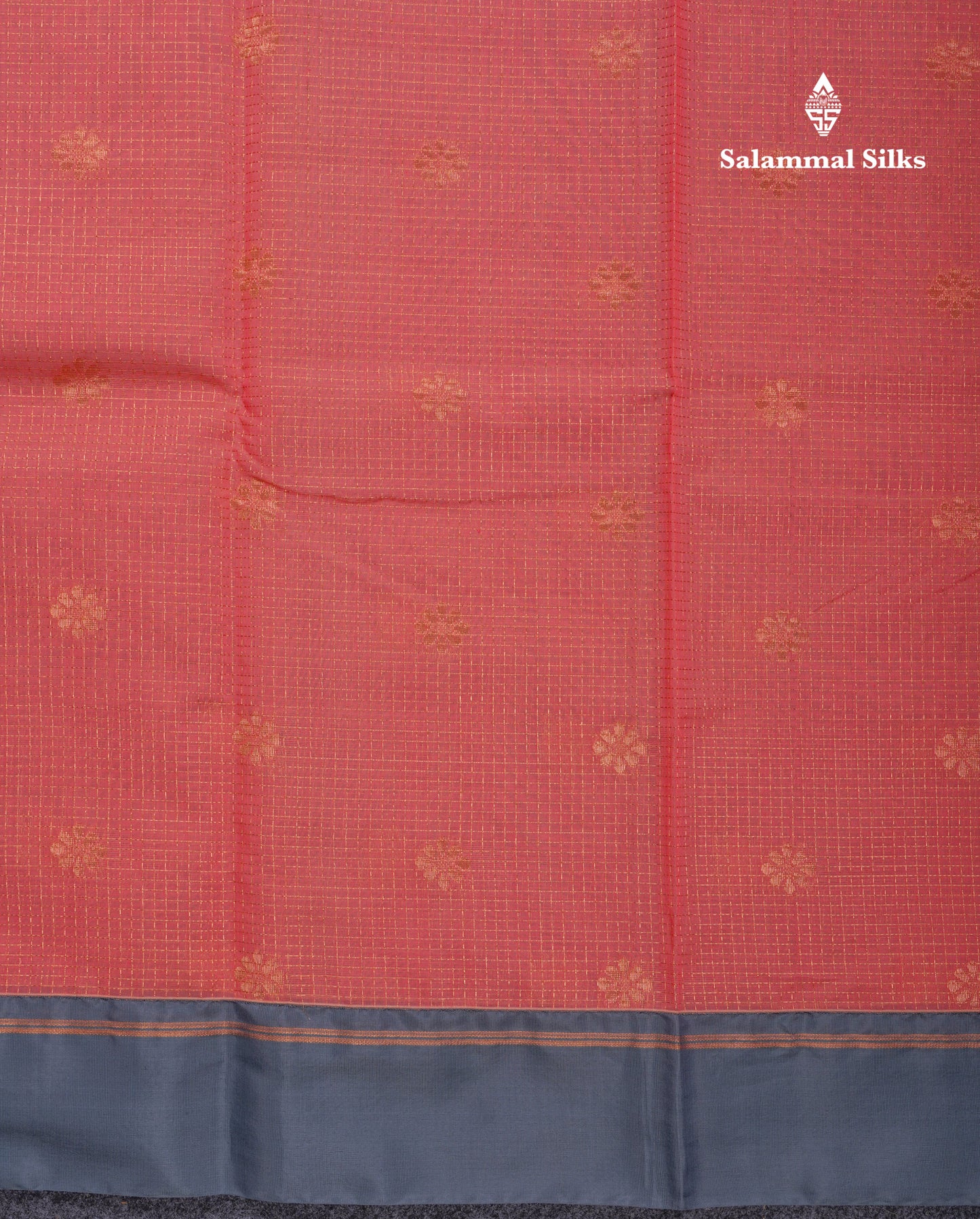 Beautiful Peach Tiny Zari Checks Kota Cotton Saree With Contrast Grey Border