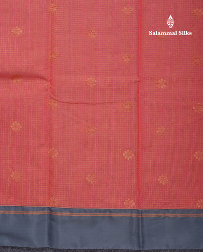 Beautiful Peach Tiny Zari Checks Kota Cotton Saree With Contrast Grey Border