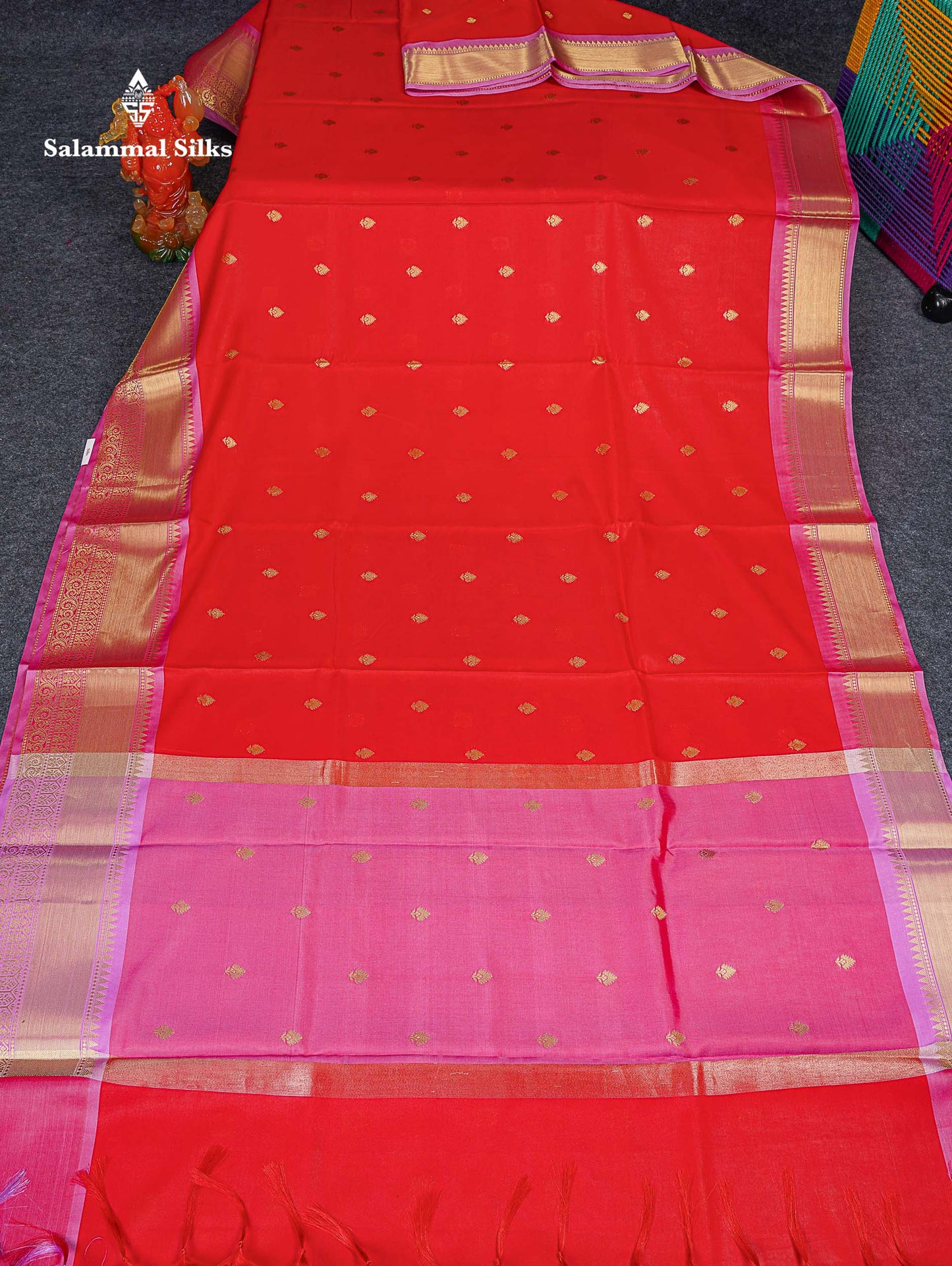 Semi Silk Saree - Chilly Red Colour Body Zari Butta With Contrast Light Pink Blouse
