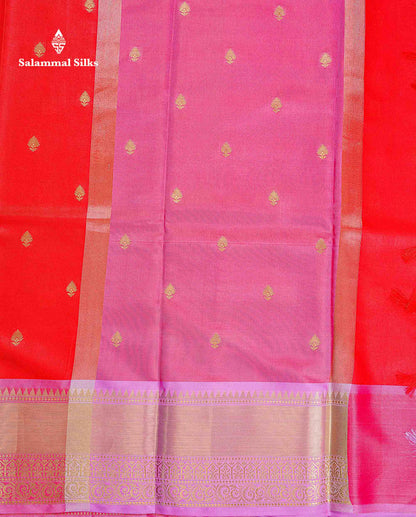 Semi Silk Saree - Rani Pink Colour Body Zari Butta With Contrast Light Pink Blouse