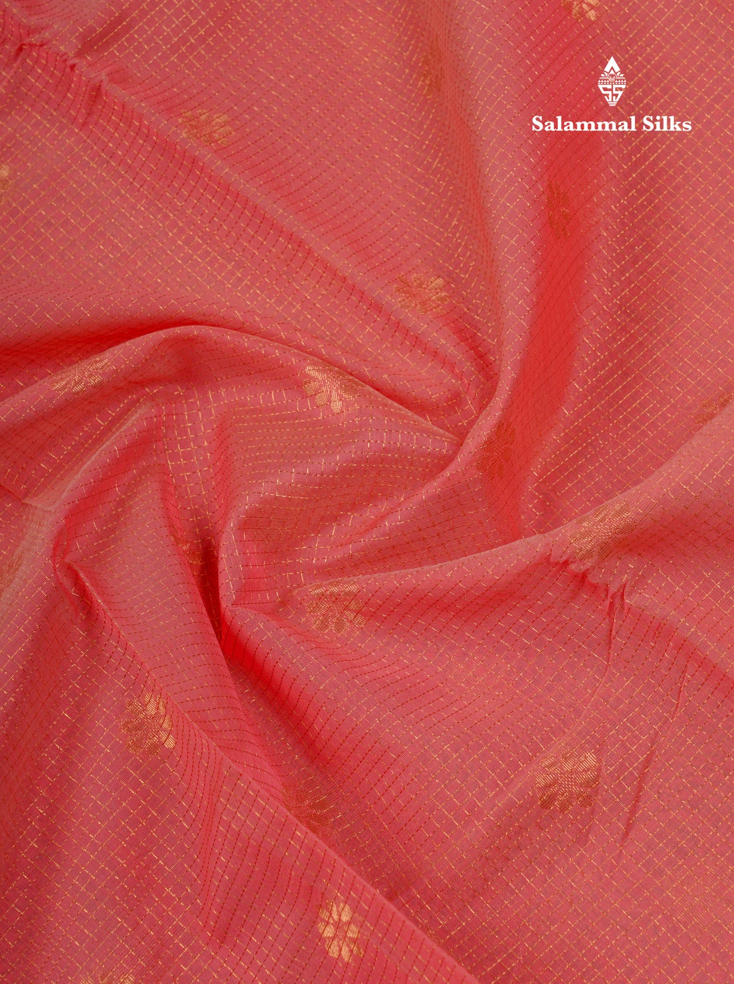 Beautiful Peach Tiny Zari Checks Kota Cotton Saree With Contrast Grey Border