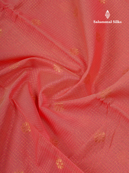 Beautiful Peach Tiny Zari Checks Kota Cotton Saree With Contrast Grey Border