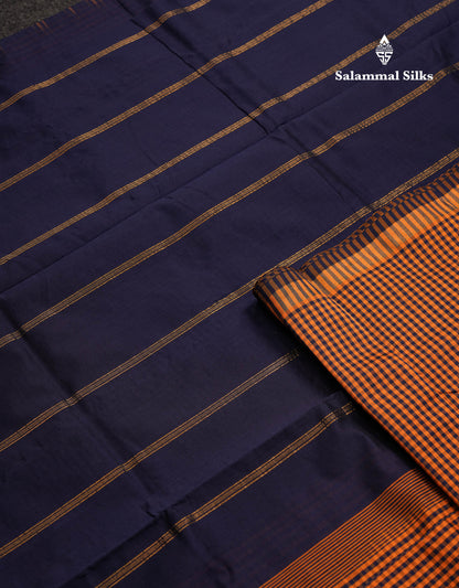Beautiful Mustard Yellow & Navy Blue Tiny Checks Semi Silk Cotton Saree With Contrast Navy Blue Blouse